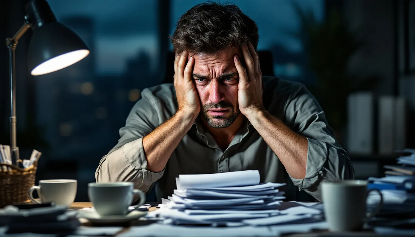 A tired and stressed person sits at their desk, surrounded by paperwork, reflecting the challenges of maintaining a healthy work-life balance. The exhaustion on their face highlights the pressure many professionals feel to prioritize their job over personal time and mental health.